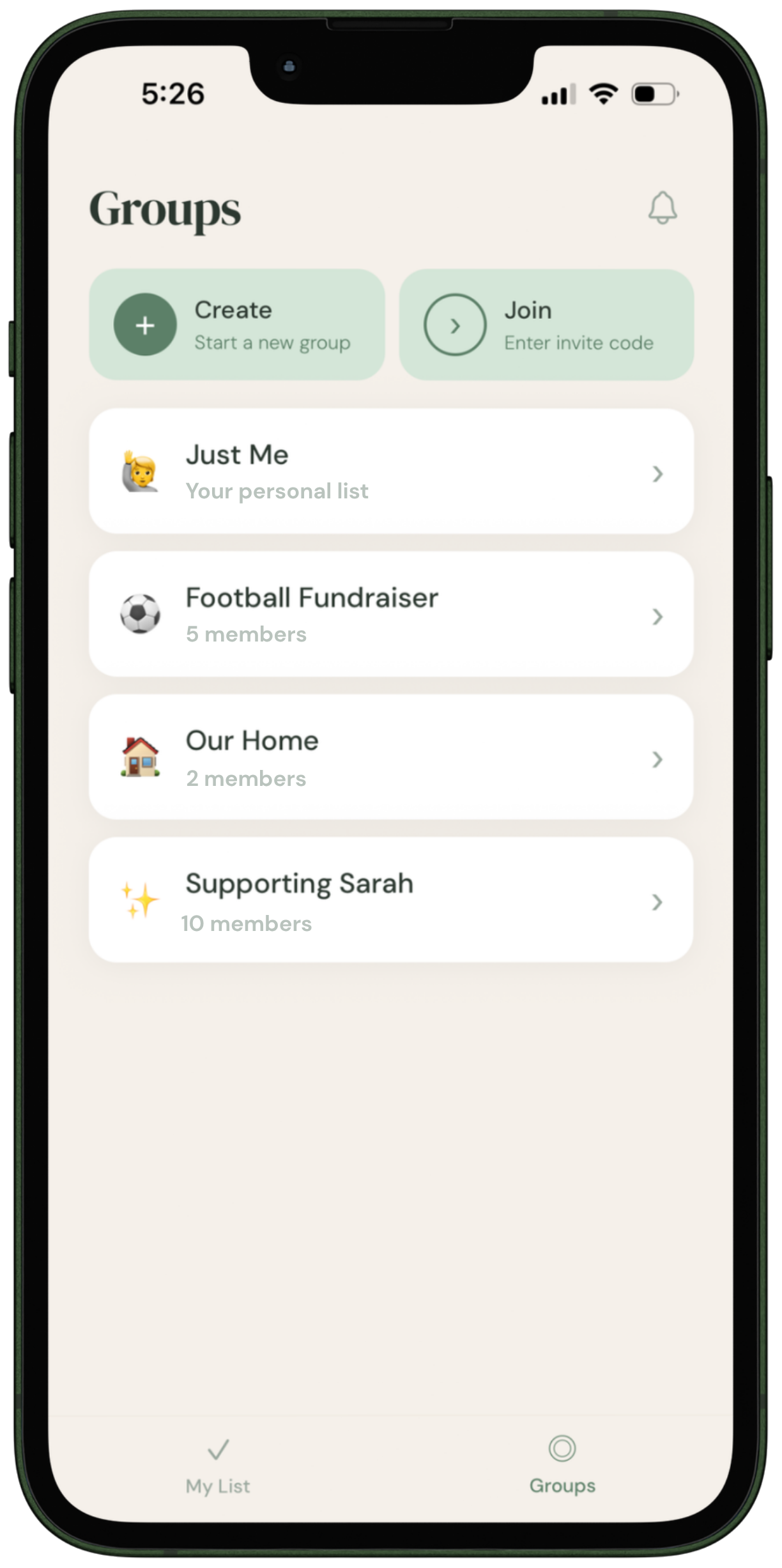 Tuo's Groups screen, showing a personal list plus shared groups for a fundraiser, home, and a friend