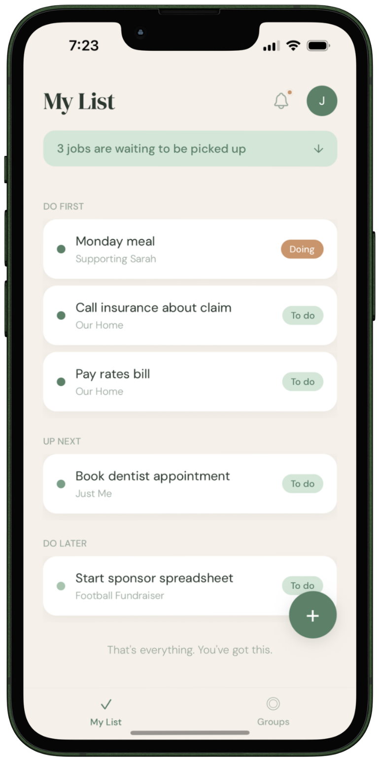 Tuo's My List screen, showing personal jobs sorted into Do first, Up next, and Do later